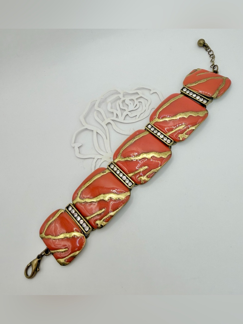 Coral color Enamel & Gold-Tone Statement Bracelet with Crystal Accents